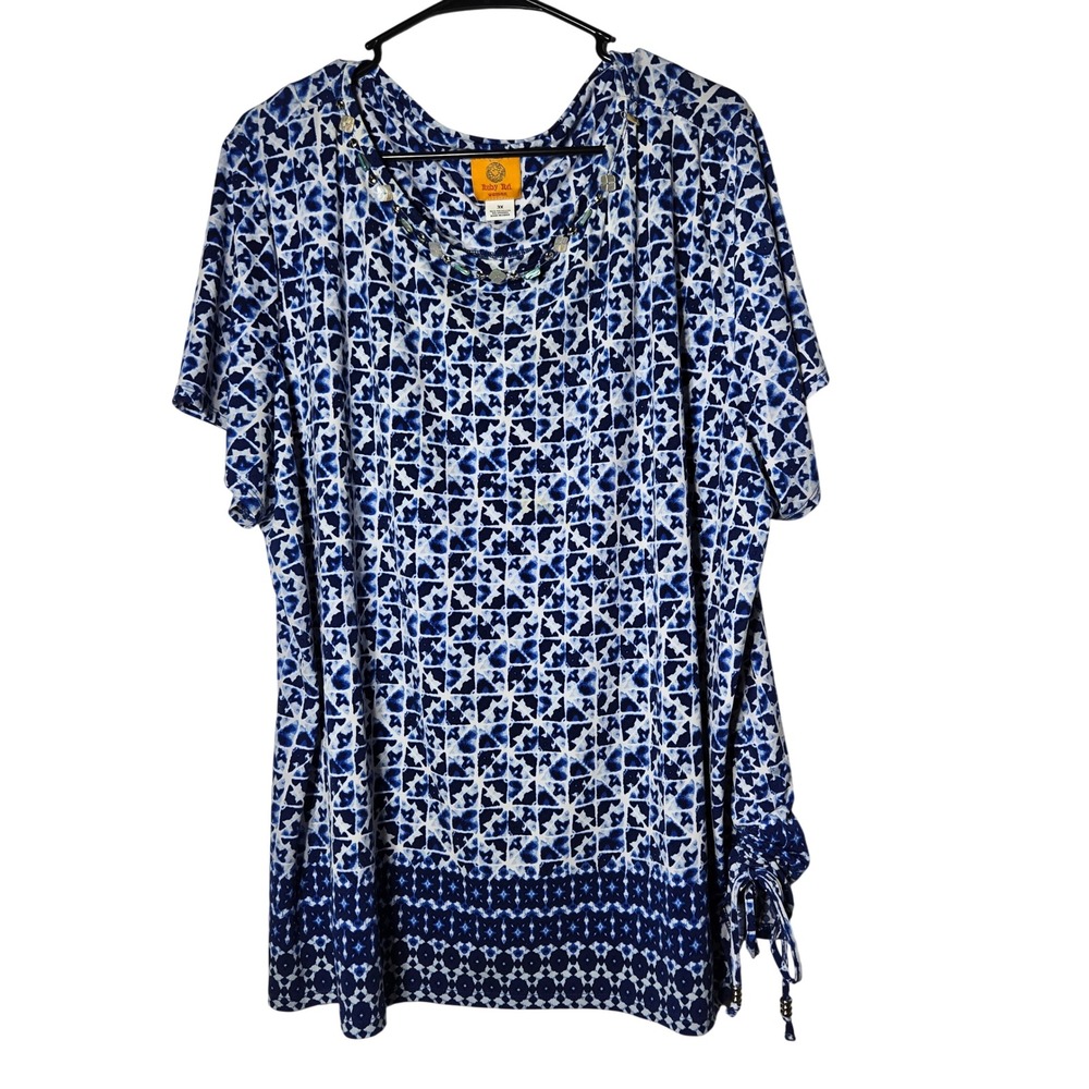 Ruby Rd Woman Blue Embellished Cinch Top 3X Coastal Boho Summer Stretch Resort